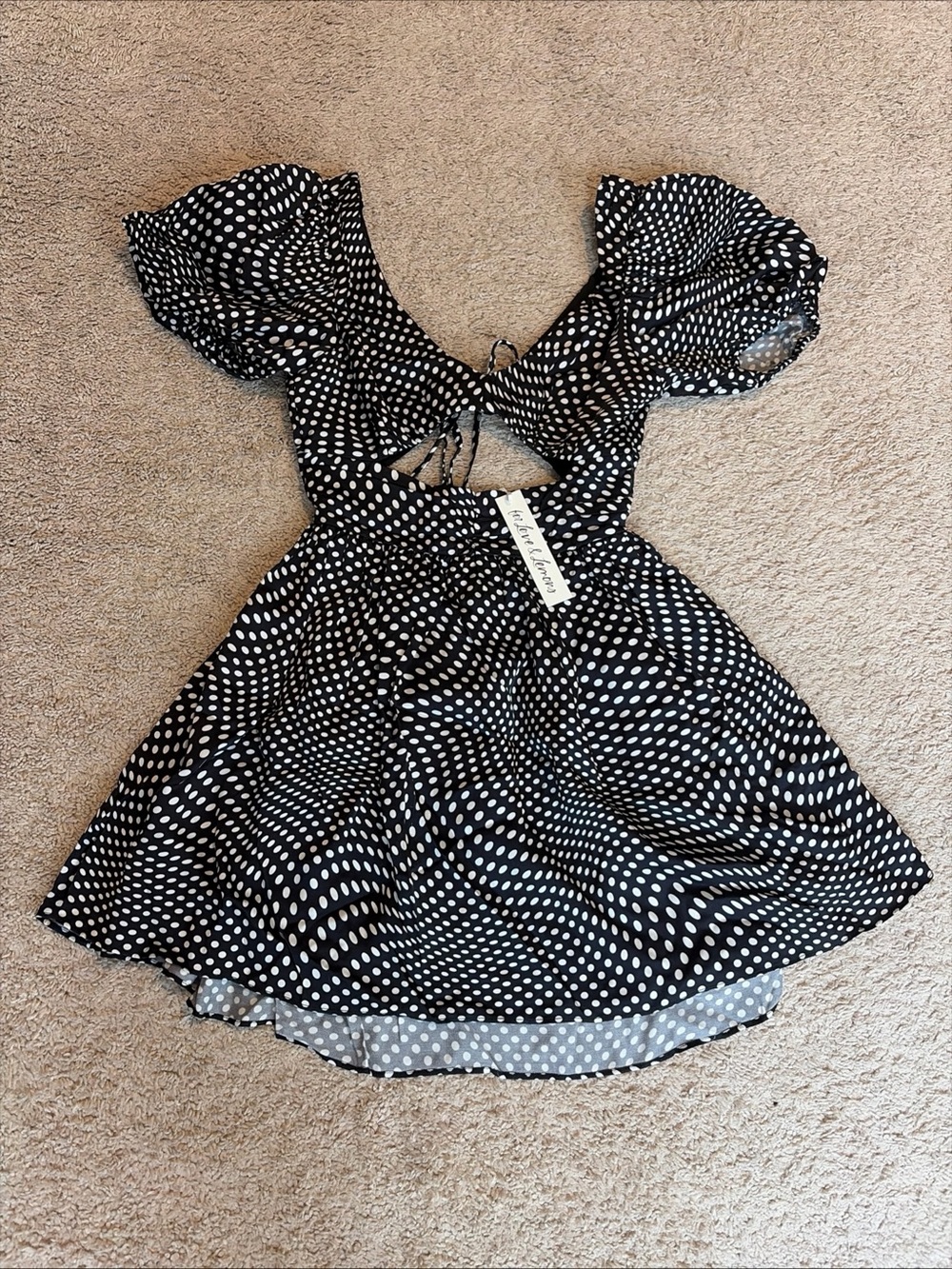 NWT For Love & Lemons Black White Polka Dot Dress Sz Small Open Back Puff Sleeve